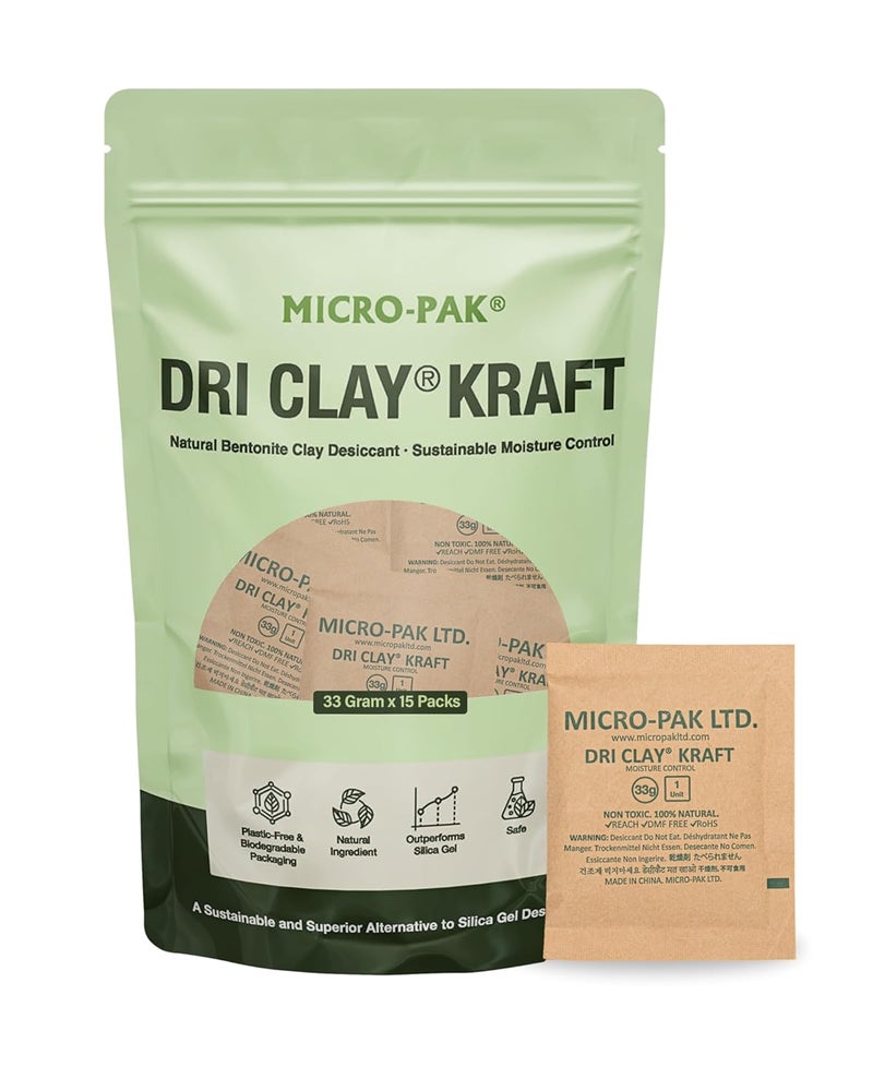 DRI CLAY Store مايكرو-باك كرافت، أكياس مجفف الرطوبة الأعلى امتصاصًا، بديل أكياس هلام السيليكا، طين البنتونيت الآمن للطعام، أكياس مجفف للتخزين، ماصات الرطوبة للخزائن، 33 جرام × 15 قطعة - Image 1